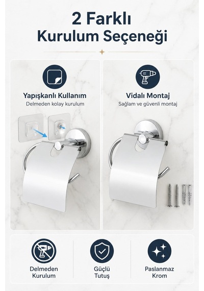 Alper Banyo Ceria Krom Kapaklı Tuvalet Kağıdı Askısı | Tuvalet Kağıtlığı | Hem Yapışkanlı Hem Vidalı Montaj