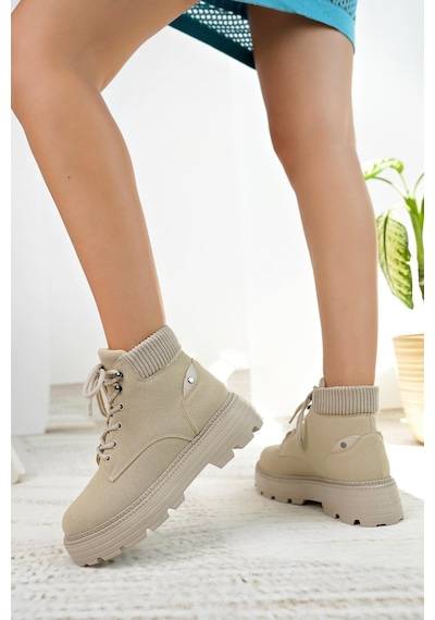 Nesil Shoes Mugo 504 Ten Süet Bağcıklı Kadın Bot-ten Süet Ten