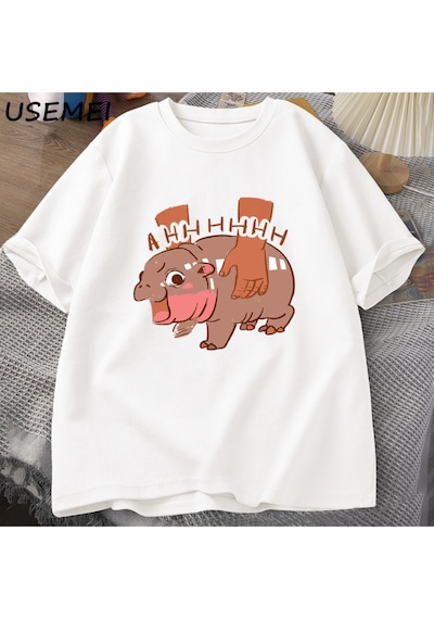 Flood Of Style Moo Deng Meme T Shirt Komik I Love Moo Deng Tee Hippo Sevgilisi T-shirt Pamuk Kısa Kol Beyaz
