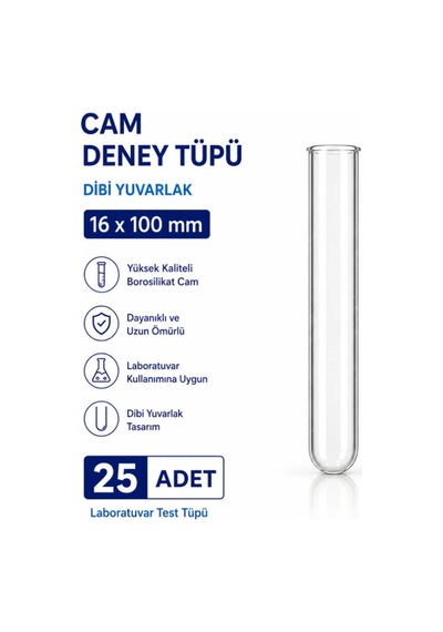 16x100 Mm Cam Deney Tüpü Dibi Yuvarlak 25 Adet Laboratuvar Test Tüpü