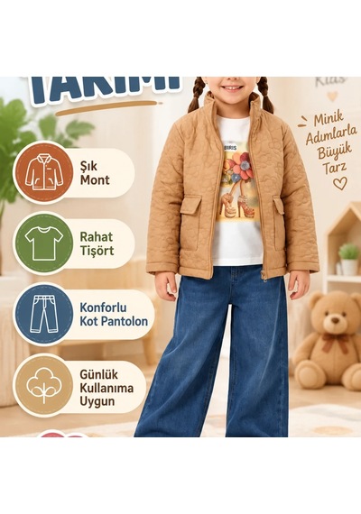 Candar 5/8 Yaş 3 Parça Çocuk Takımı Kot Pantolon Ve Montlu Bej