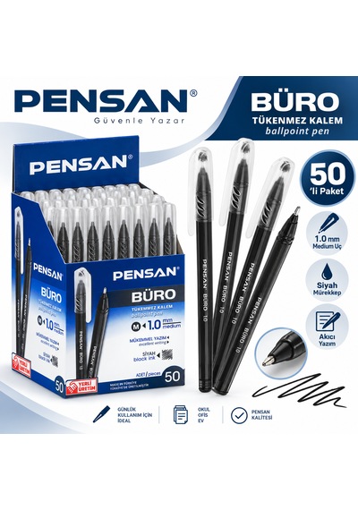 2270 Büro Tükenmez Kalem 1.0 Mm Medium Uç 50'li Paket Renk Seçenekli Siyah