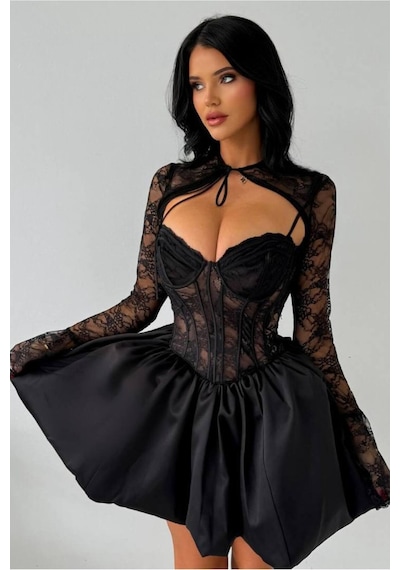 Wellway Beauty Tafta Ve Dantel Kumaş İçi Astarlı Bolero Ve Mini Balon Etek İkili Takım-6114 Siyah
