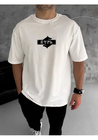 Yake Store Unisex Bisiklet Yaka Baskılı Double Oversize T-shirt - Beyaz - Beyaz