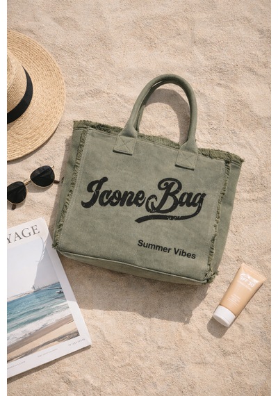 İcone Bag Icone Yıkamalı Denim Püskül Detaylı Şık Günlük & Plaj Çantası, Püsküllü Omuz Çantası Haki