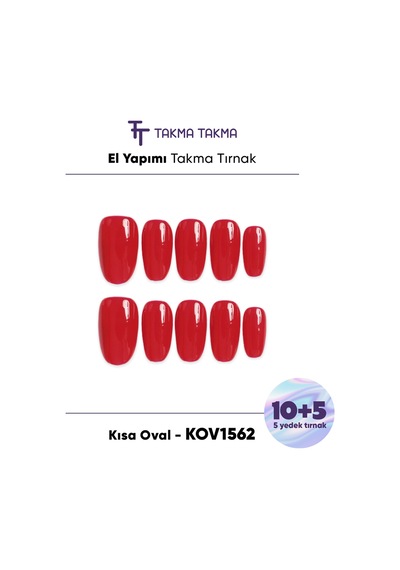 15'li Kırmızı Kısa Oval Kov1562 Tekrar Kullanılabilir El Yapımı Protez Takma Tırnak Xs