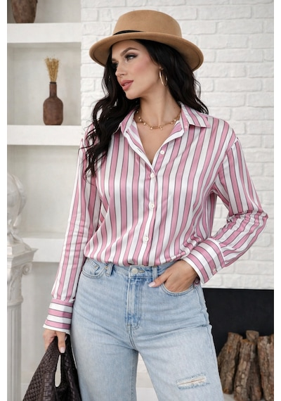 Ribana Classic Kadın Çizgili Saten Kumaş Klasik Yaka, Önü Düğmeli Uzun Kollu, Manşet Bitişli Gömlek 3971 Pembe Ribana Classic Kadın Çizgili Saten Kumaş Klasik Yaka, Önü Düğmeli Uzun Kollu, Manşet Bitişli Gömlek 3971 Pembe