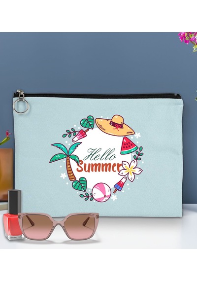 Bk Gift Yaz Temalı-4 Astarlı Açık Mavi Portföy Çanta 30x21cm, Baskılı El Çantası, Organizer Çanta
