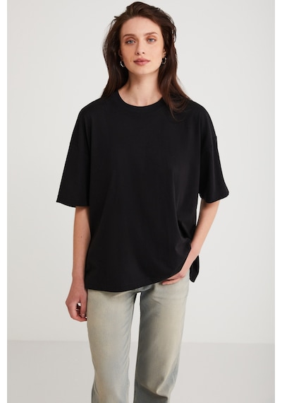 ETHIQUET AGERTHA Kadın %100 Organik Pamuklu Regular Fit Bisiklet Yaka Kısa Kollu Siyah T-shirt