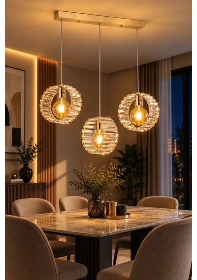 Modern Premium Gold Camlı Led 3 X E27 Duy Sarkıt Salon Mutfak Yemek Odası Avizesi 60w