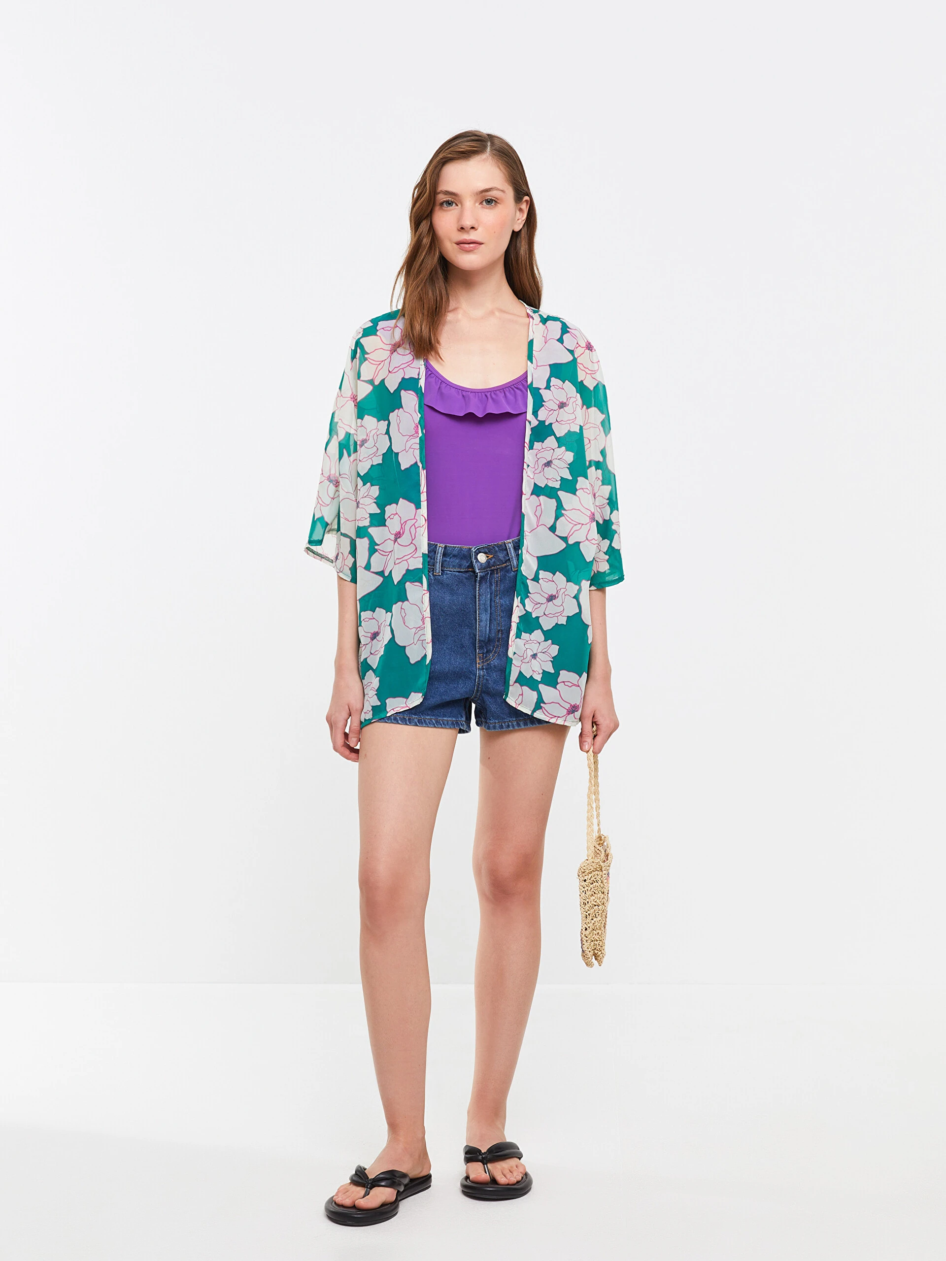 LC Waikiki Lcw Eco Yeşil Şal Yaka Desenli Kadın Kimono