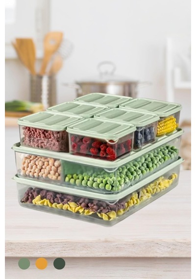8'li Buzdolabı Düzenleyici Organizeri Mikrodalgaya Uygun Difriz Saklama Kabı 2x3500ml 6x775ml Mint