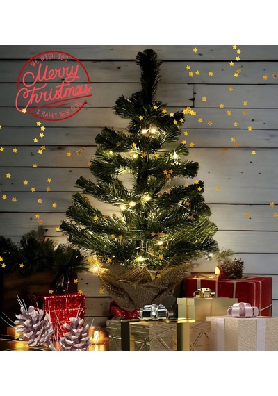 Işıklı Yılbaşı Çam Ağacı Kütük Tabanlı Jüt Ipli Masaüstü Yeni Yıl Noel Ağacı