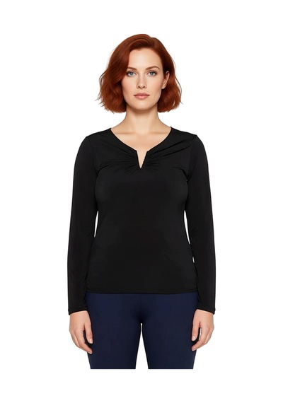 Ersefa Kadın V Yaka Uzun Kollu Polyester Bluz İlkbahar Sonbahar Modası S siyah