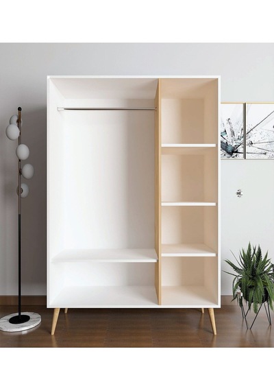 Floradesign Riva Elbise Dolabı Üç Kapaklı Çekmeceli Dolap Gardırop /meşe/ Beyaz Meşe / Beyaz