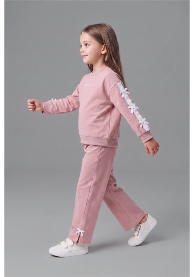 Defacto %100 Pamuk Fiyonk Detaylı Baskılı Basic Sweatshirt Üst Geniş Kesim Alt 2li Takım Kız Bebek I3660a526aupr347 Mor-pr347