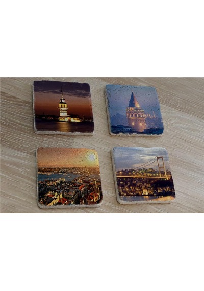 İstanbul Manzaraları Doğal Taş Bardak Altlığı 4'lü Set - Natural Stone Coasters-174110 Çok Renkli