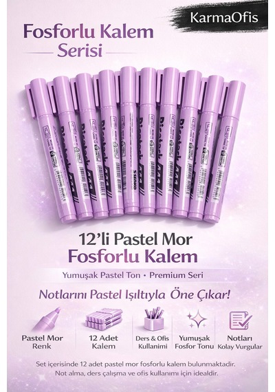 Fosforlu Kalem Seti 10'lu Pastel Mor Highlighter Mor