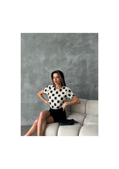 Verymoda Kısa Kollu Dama Desen Tiğişi Bluz D2619 Siyah Ham