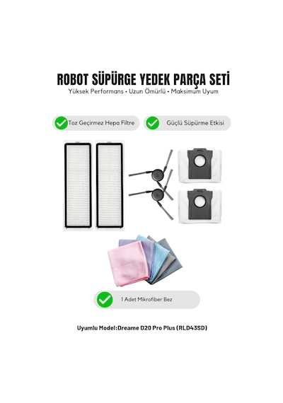 Dreame D20 Pro Plus Rld43sd İle Uyumlu 2 Yan Fırça 2 Filtre 2 Toz Torbası 1 Temizlik Bezi 13.0