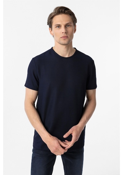 Süvari Lacivert Slim Fit Armürlü Bisiklet Yaka Tişört-37379 Lacivert