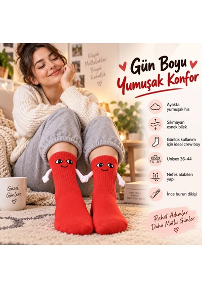 Womanandkids Wak Mıknatıslı El Ele Unisex Tutuşan Sevimli Çorap 36-44 Çift Hediyesi, Pamuklu Renkli Crew Model Kırmızı
