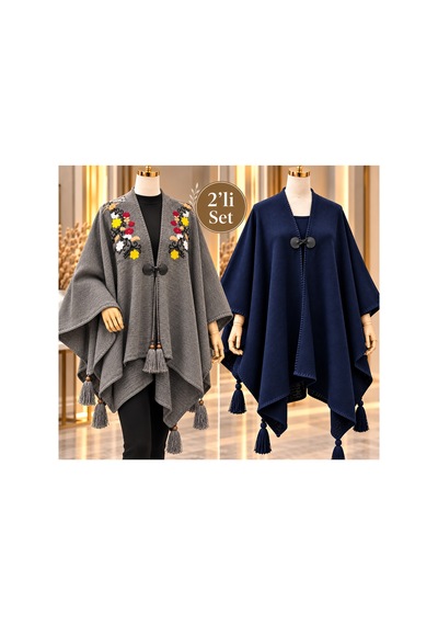 Genel Markalar Novea Scarf Şık 2li Panço Triko Gri - 938457299 Gri