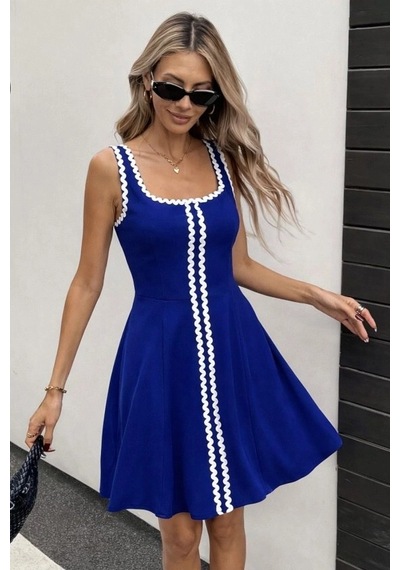 DefyModa Kadın Askılı Yuvarlak Yakalı Şerit Desenli Kısa Kiloş Elbise Saks Mavi