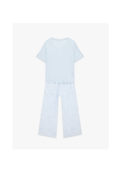 Koton Viskon Kumaş Rahat Kesim V Yaka Kısa Kollu Pijama Takımı Mavi Desenli 6slk50014mw