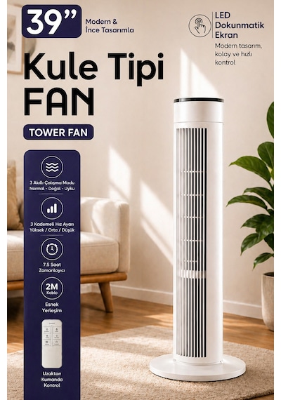 Exenar - Beyaz - Uzaktan Kumandalı Kule Tipi Fan 39" 45w 3 Rüzgar Modlu Led Dokunmatik Ekran Vantilatör Tower Fan