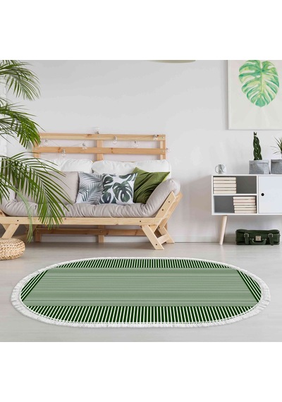 Dijital Kaymaz Yıkanabilir Banyo Mutfak Salon Paspas Halısı Trend Saçaklı Oval Al4023 Haki