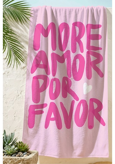 More Amore Pembe Yazı Temalı Plaj Havlusu - Modern Tipografik Kalp Hızlı Kuruyan Mikrofiber Havlu Çok Renkli