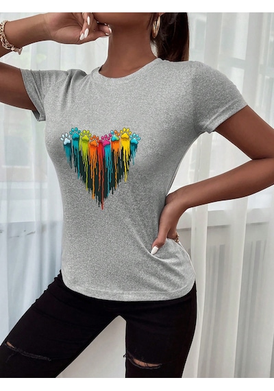 Unisex Sevimli Kedi Patili Kalp Tasarım Basklı Tshirt Gri