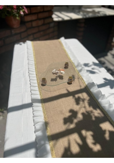 Diletto Hasır Jüt Kumaş Gold Şeritli Tül Fırfırlı Runner Hasır Kahve