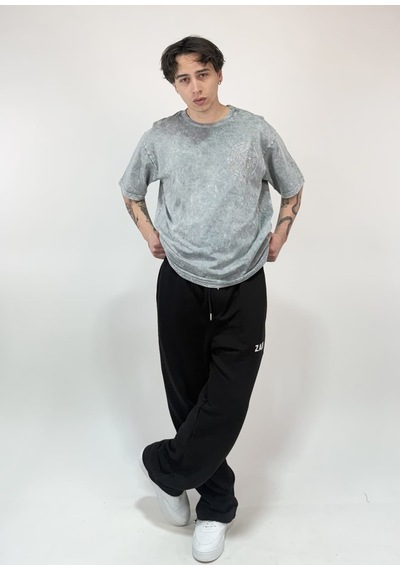 Zaee Vintage Washed Taşlı Oversize T-shirt Fırtına Gri