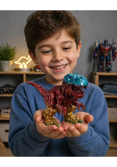 Robotik Görünümlü T-rex Dinozor Figürü Metalik Efektli Plastik Dekoratif Biblo Sabit Model