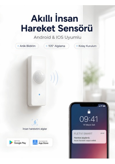 Fletvi Smart Akıllı Pır İnsan Hareket Sensörü Anında Bildirim Güvenlik Ve Otomasyon Hareket Yakalama Algılama Dedektörü