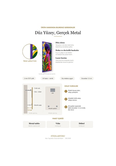 Mor Yapraklar Arasında Kadın Metal Tablo 61x95 Cm Çok Renkli