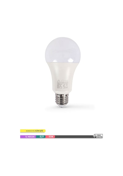 ACK LED A70 Ampul 3000K Gün Işığı 220V 15W E27
