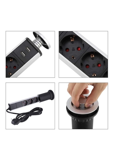 Manuel Asansörlü Gizlenebilir Gömme Grup Priz 16a 1.8 Mt Kablolu 2 Usb Li 3 Lü Grup Priz 60mm 1.8 M