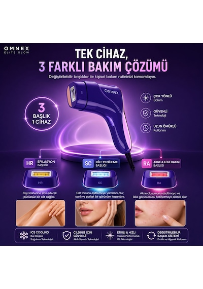 Omnex EliteGlow IPL Lazer Epilasyon Cihazı Buz Başlıklı 10 Kademe Enerji Sınırsız Atım