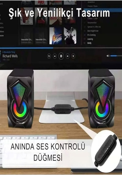 E-1046 Bilgisayar Hoparlörü Led Işıklı Rgb Laptop Pc Uyumlu 1+1 Speaker