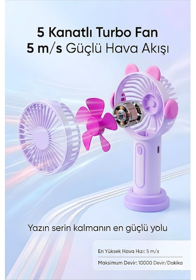 Şarjlı Taşınabilir Sevimli Kulak Tasarımlı Mini Fan 3 Kademeli Hız Telefon Standlı Vantilatör Mor