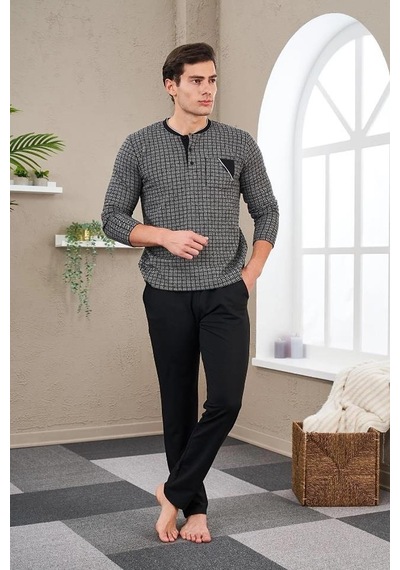 Pjs Gd Goldoremi 23709 Erkek Patlı Düğmeli Jakarlı Kışlık Uzun Kollu Pijama Takım Siyah