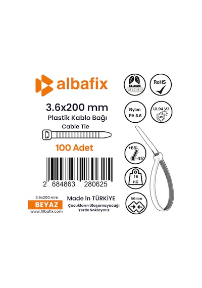 3.6x200 Mm Şeffaf Beyaz Plastik Kablo Bağı Klipsi Cırt Kelepçe 100 Adet