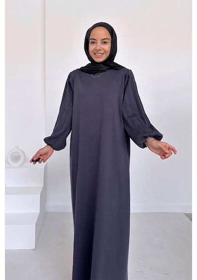 Kahijab Balon Kol Merserize Elbise - Füme