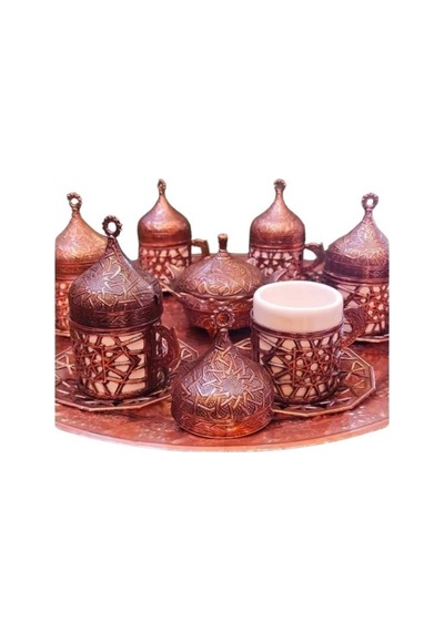 6 Kişilik Bakır Fincan Seti Zamak Selçuklu Motifli Metalik