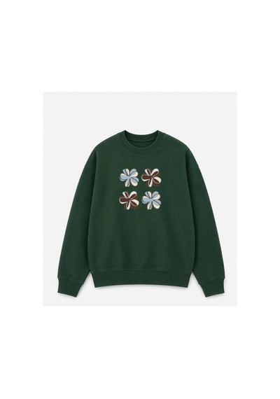 Herkesemoda Çiçek Baskılı 2 İplik Şardonlu Bisiklet Yaka Sweatshirt Yeşil