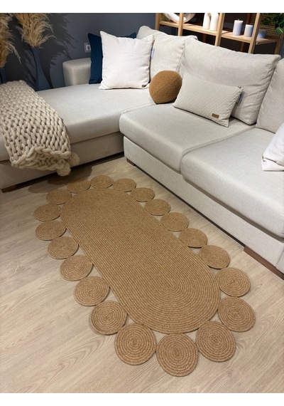 Mavaux Oval Papatya Hasır Jüt Çiçek Desenli Kilim Halı Bej