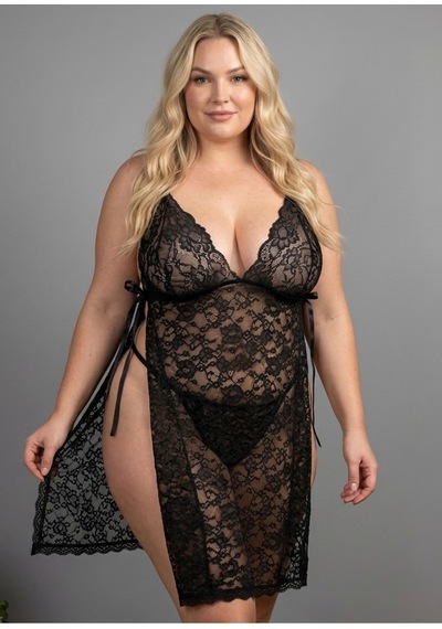 Sistina - 680 - Büyük Beden Siyah Dantel Gecelik - - Myceshop - Beden 5xl Desenli